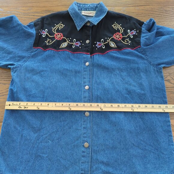 Rhythm Blue Vintage Shirt Western Denim Velvet Embroidered Floral Women L - Picture 9 of 14